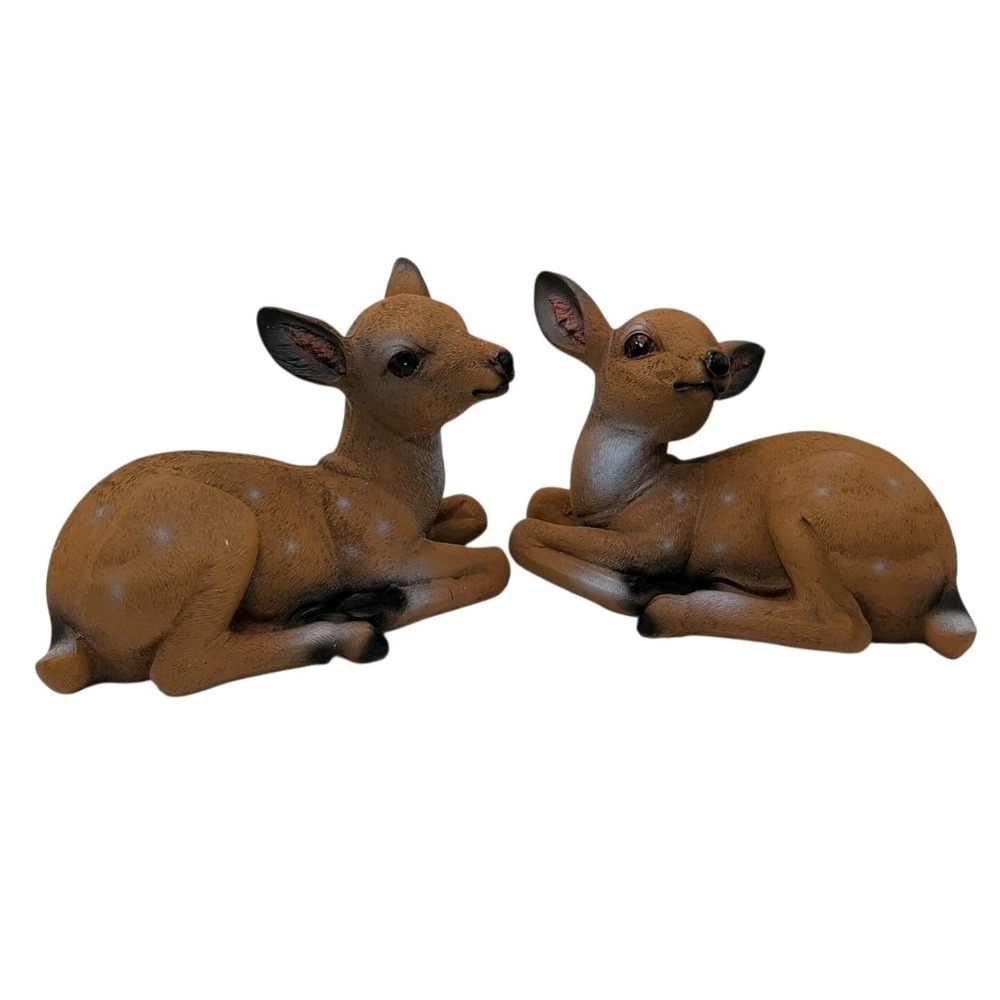 Spotted Deer Figurines Painted Resin Fawn Reclining Christmas Holiday Two Pieces